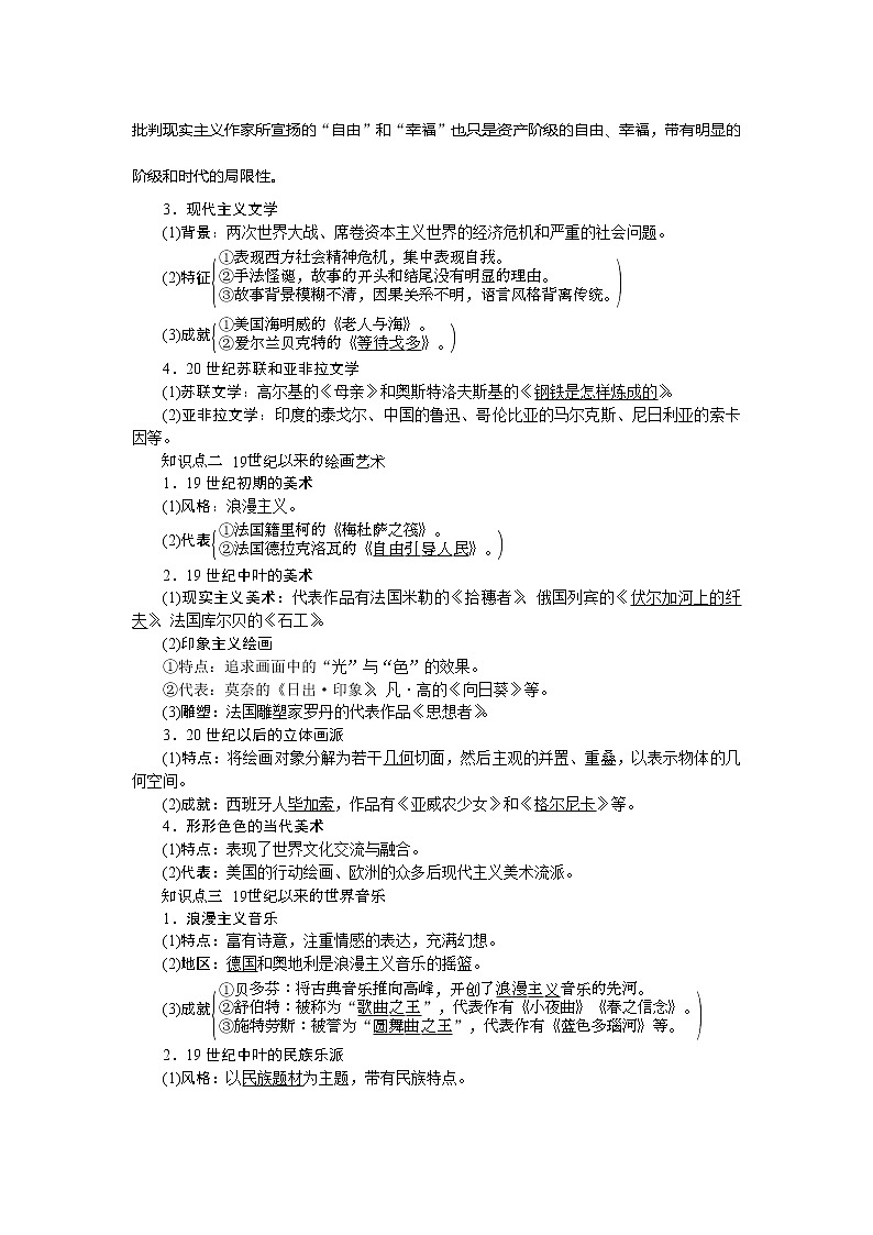 2021版新高考选考历史（人民版通史）一轮复习学案：第十三单元　第4讲　近代以来世界文学艺术的发展轨迹02