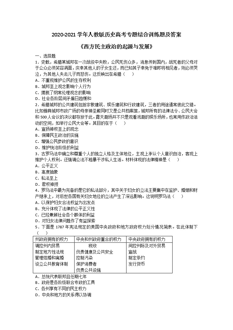 2020-2021学年人教版历史高考专题综合训练题及答案（西方民主政治的起源与发展）01