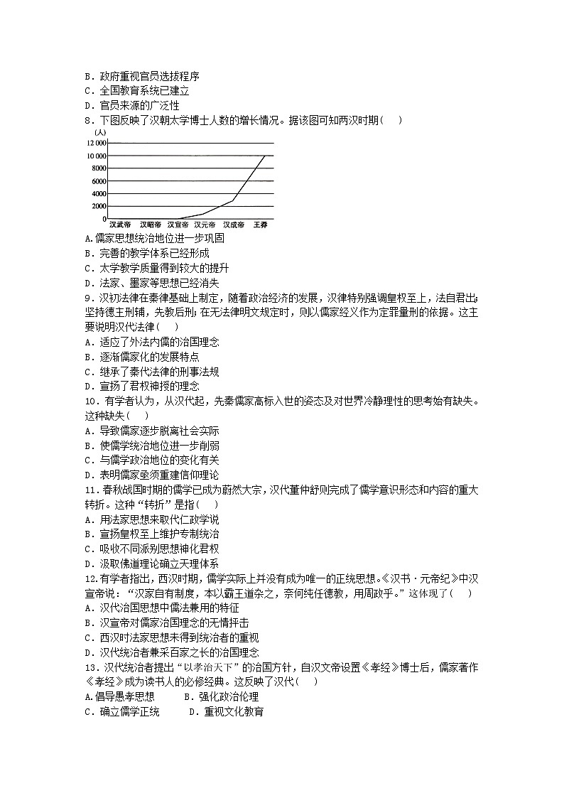 2020-2021学年人教版历史高考专题综合训练题及答案（汉代儒学成为正统思想）02
