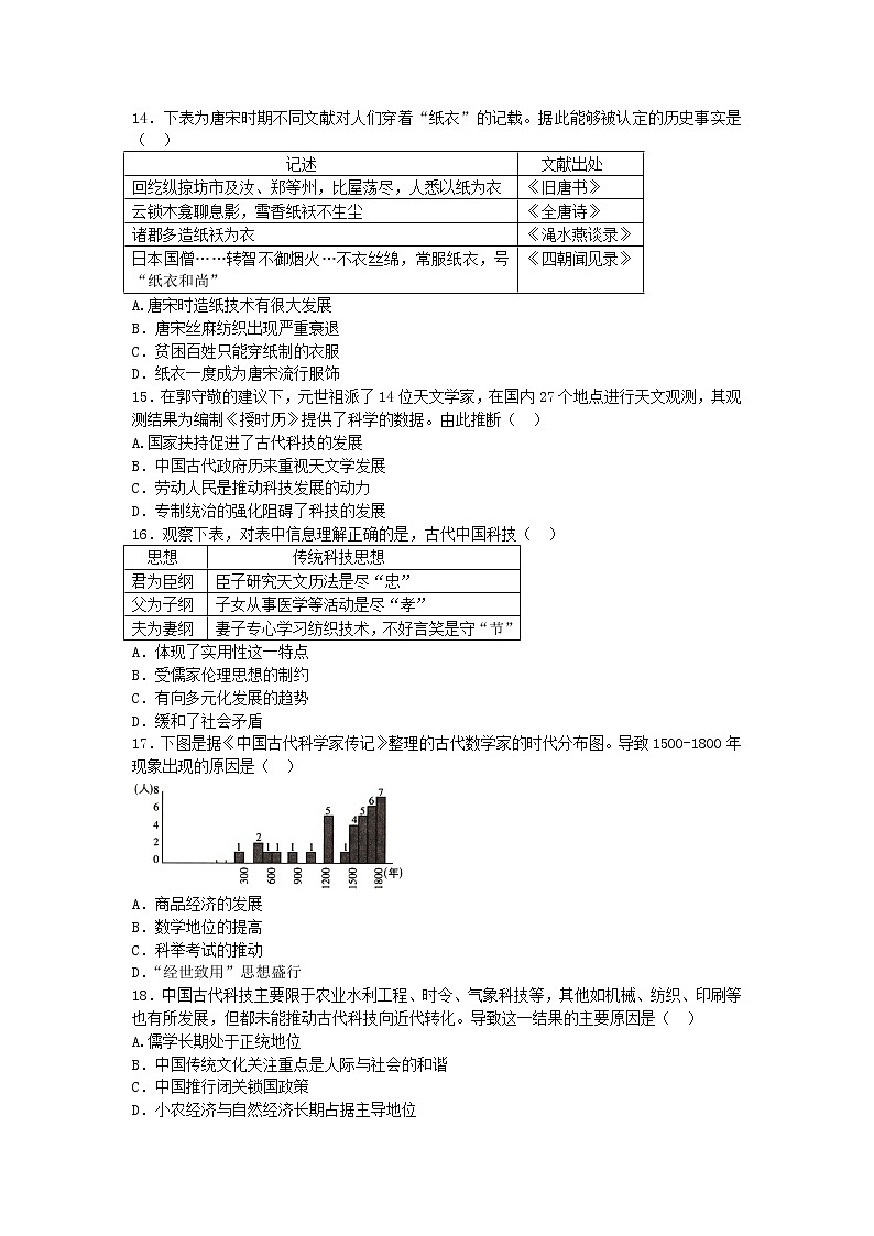 2020-2021学年人教版历史高考专题综合训练题及答案（古代中国的科技成就）03