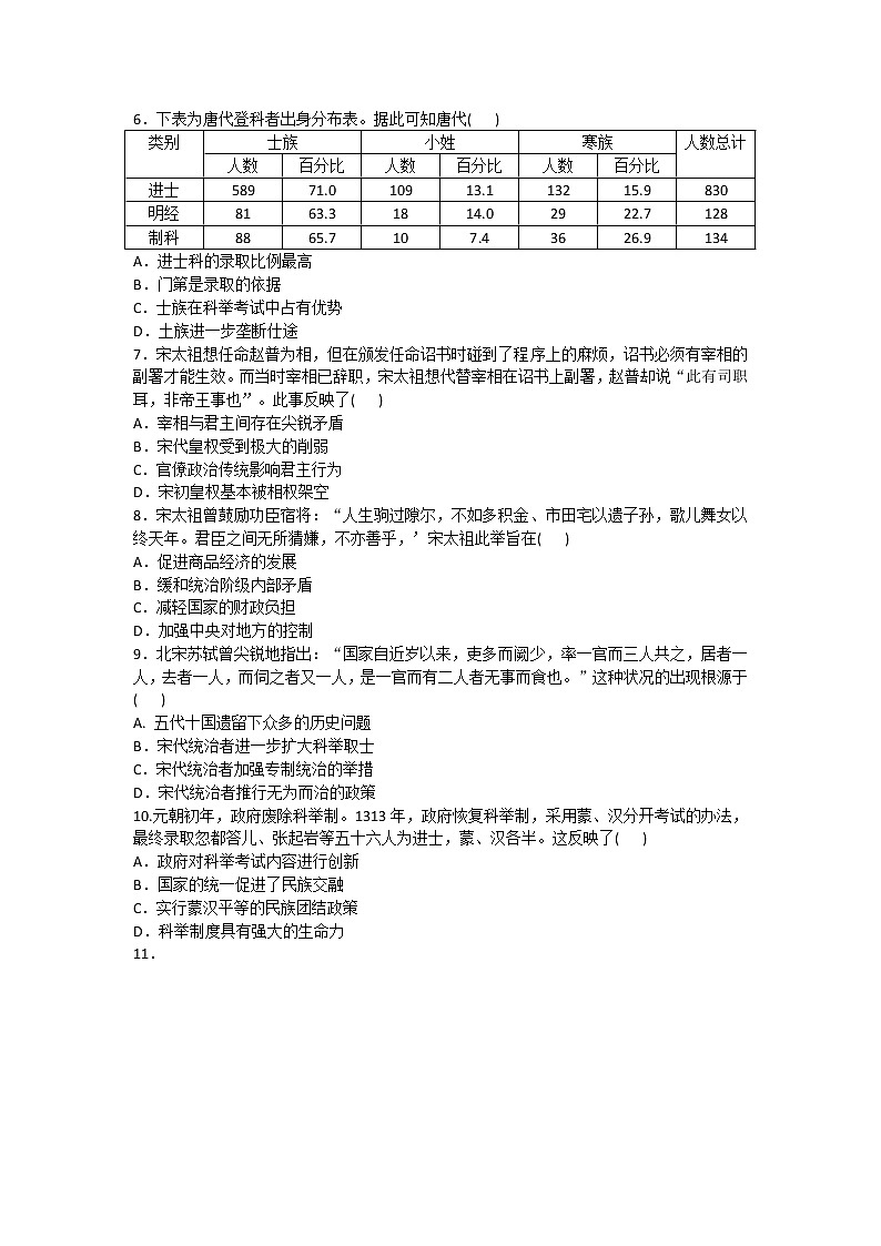 2020-2021学年人教版历史高考专题综合训练题及答案（汉到元政治制度的演变）02