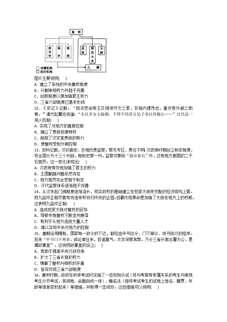 2020-2021学年人教版历史高考专题综合训练题及答案（汉到元政治制度的演变）03