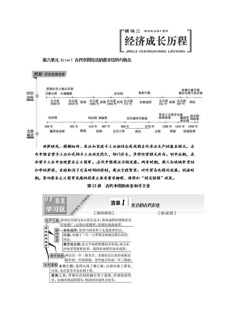 2020高考历史新一线大一轮专题复习模式江苏专用讲义：模块二第六单元第13讲　古代中国的农业和手工业01