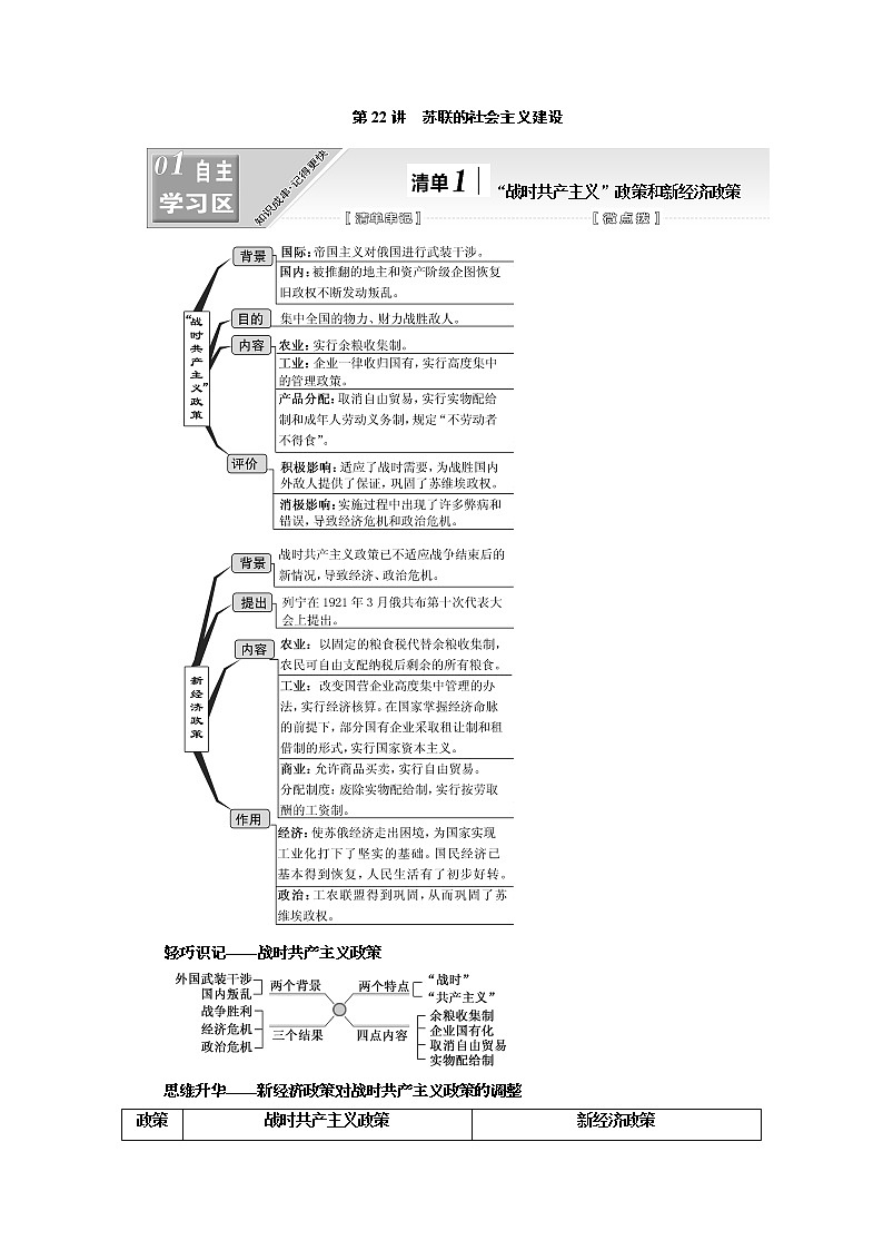 2020高考历史新一线大一轮专题复习模式江苏专用讲义：模块二第十单元第22讲　苏联的社会主义建设01
