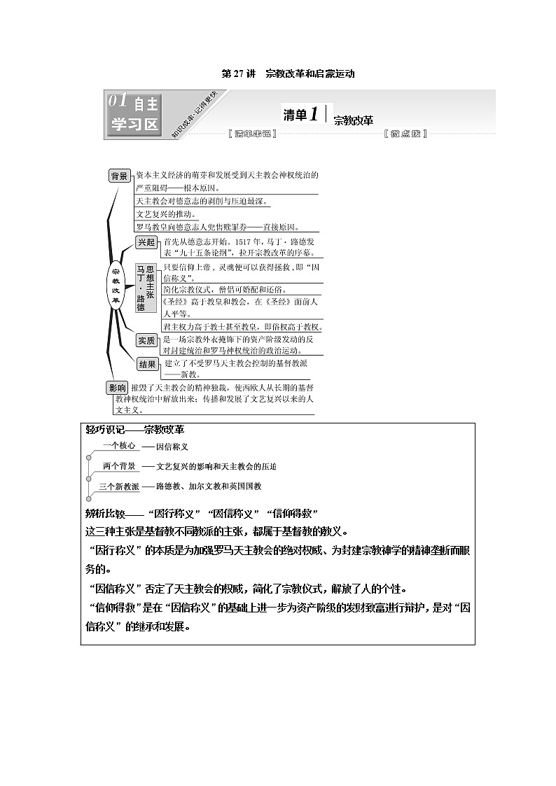 2020高考历史新一线大一轮专题复习模式江苏专用讲义：模块三第十二单元第27讲　宗教改革和启蒙运动01