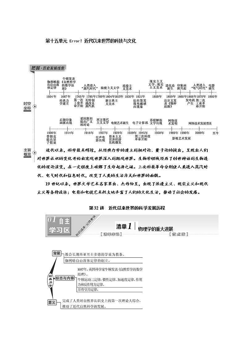 2020高考历史新一线大一轮专题复习模式江苏专用讲义：模块三第十五单元第32讲　近代以来世界的科学发展历程01