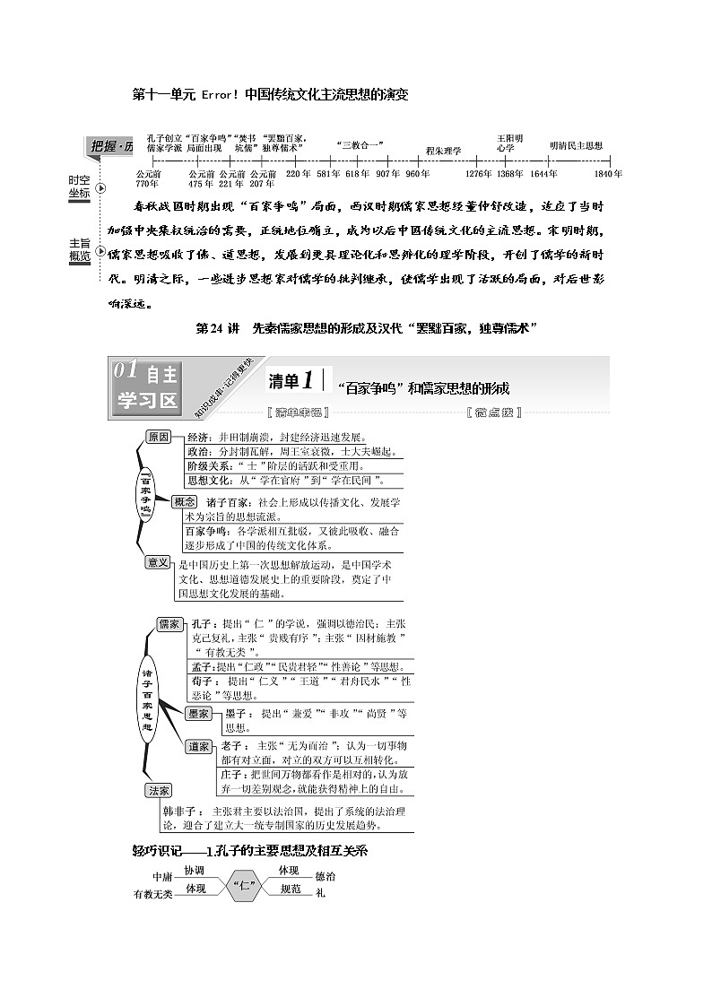 2020高考历史新一线大一轮专题复习模式江苏专用讲义：模块三第十一单元第24讲　先秦儒家思想的形成及汉代“罢黜百家独尊儒术”01