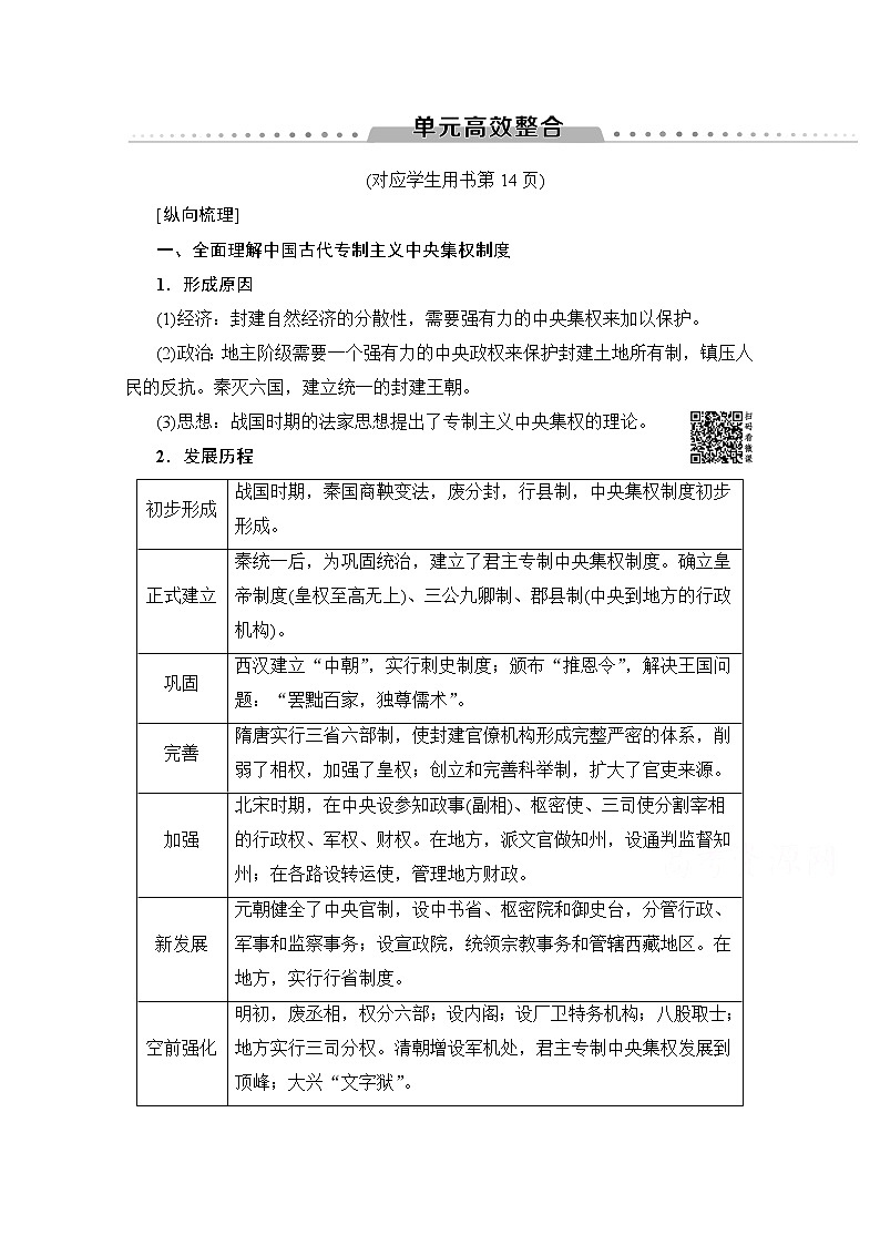 2020版新一线高考历史人教版一轮复习教学案：模块1第1单元单元高效整合01