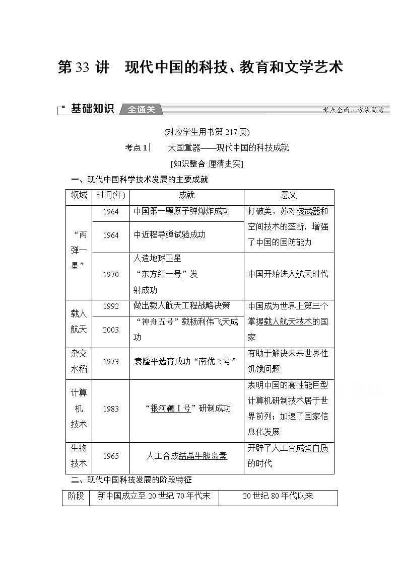 2020版新一线高考历史人教版一轮复习教学案：模块3第14单元第33讲　现代中国的科技、教育和文学艺术第1页