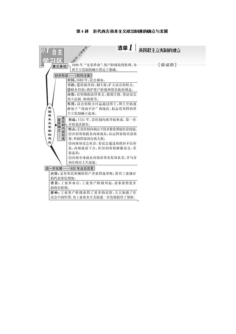 2020版一轮复习历史人教版江苏专版学案：模块一第二单元第4讲　近代西方资本主义政治制度的确立与发展01