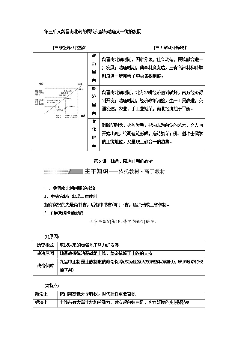 2020版一轮复习历史通史复习模式学案：第三单元第5讲　魏晋、隋唐时期的政治第1页