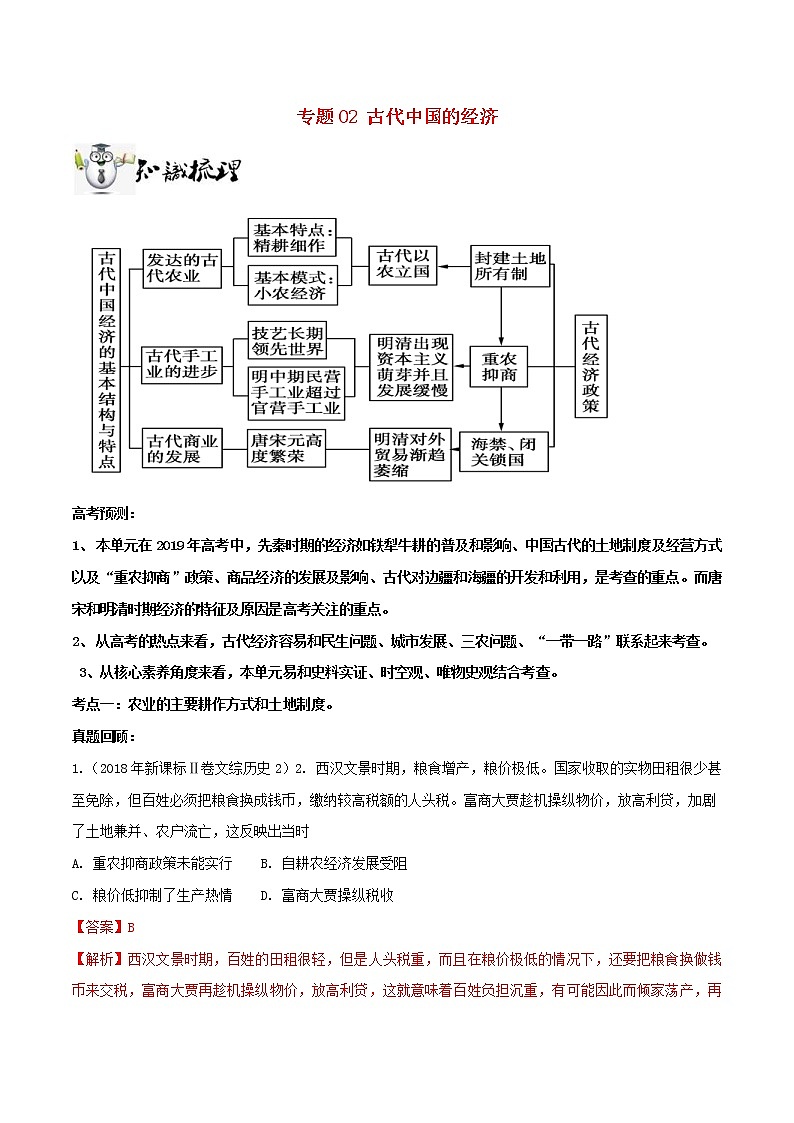 2019年高考历史一轮总复习巅峰冲刺专题02《古代中国的经济》（含解析）第1页