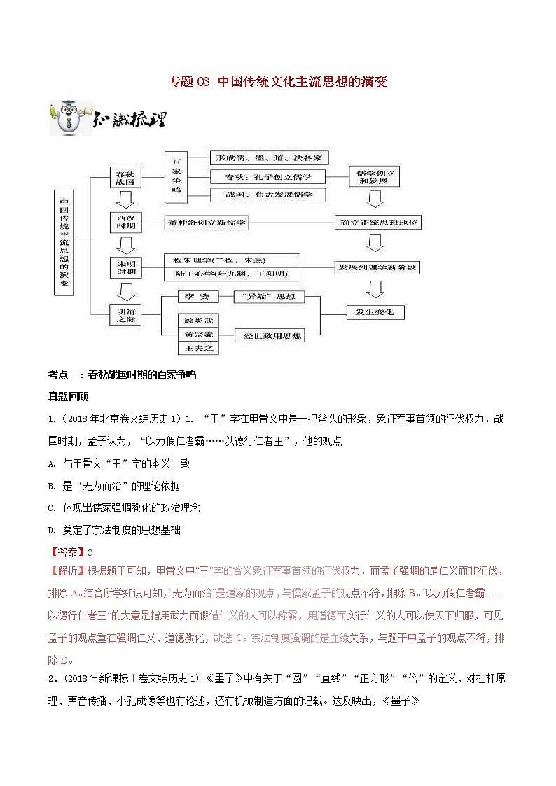 2019年高考历史一轮总复习巅峰冲刺专题03《中国传统文化主流思想的演变》（含解析）第1页