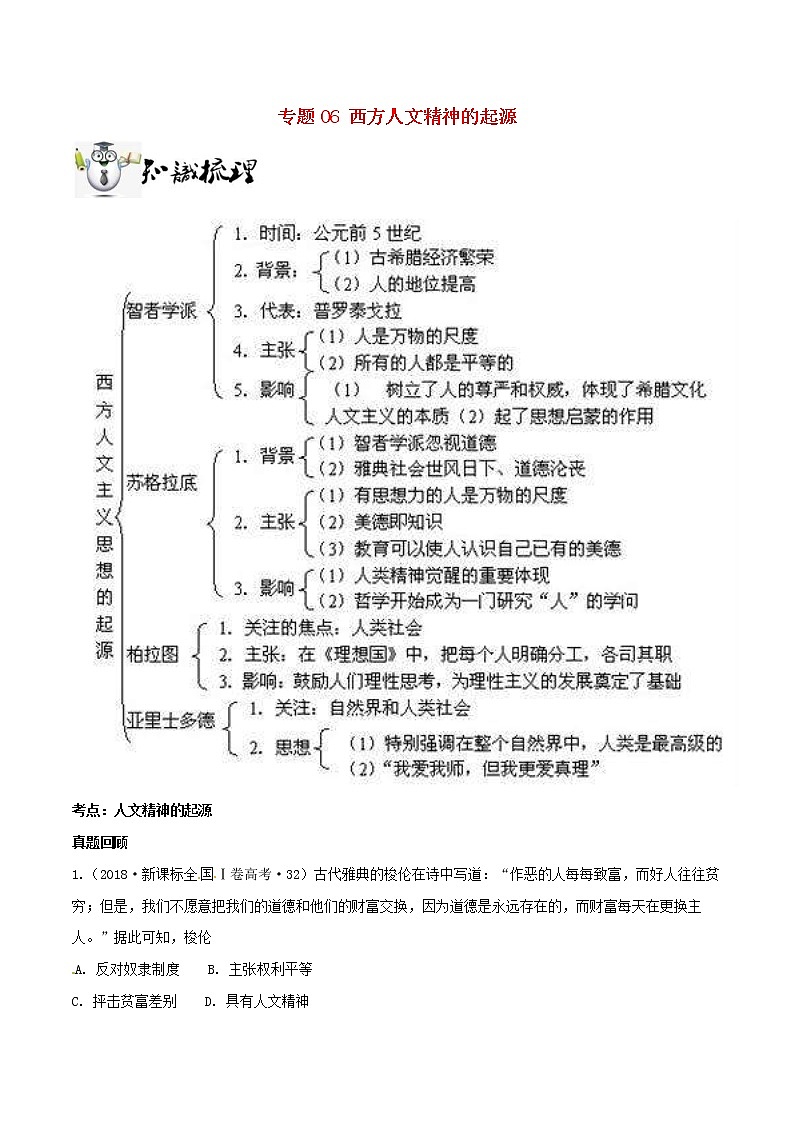2019年高考历史一轮总复习巅峰冲刺专题06《西方人文精神的起源》（含解析）01