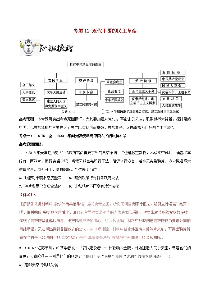 2019年高考历史一轮总复习巅峰冲刺专题12《近代中国的民主革命》（含解析）第1页