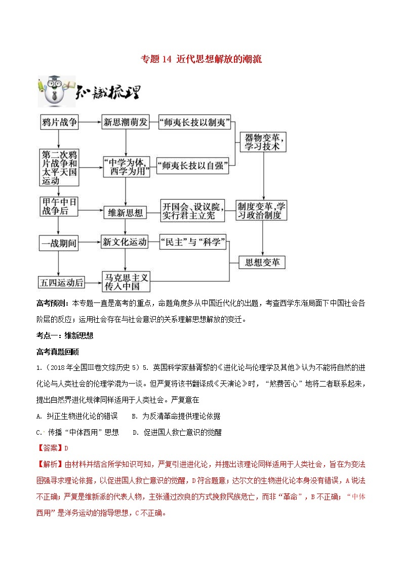 2019年高考历史一轮总复习巅峰冲刺专题14《近代思想解放的潮流》（含解析）01