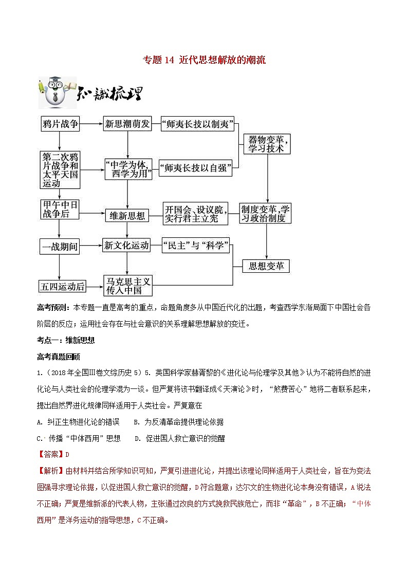 2019年高考历史一轮总复习巅峰冲刺专题14《近代思想解放的潮流》（含解析）01