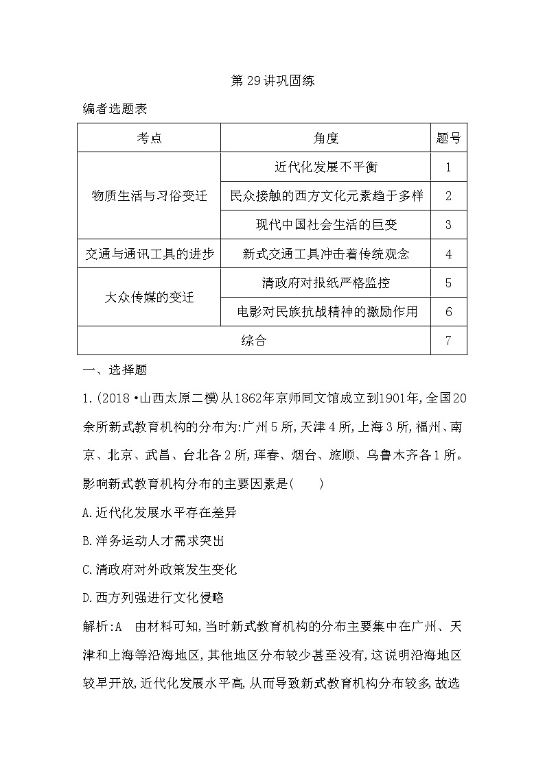 (山东专用)2020版高考历史一轮复习试题：第9单元 第29讲巩固练(含解析)第1页