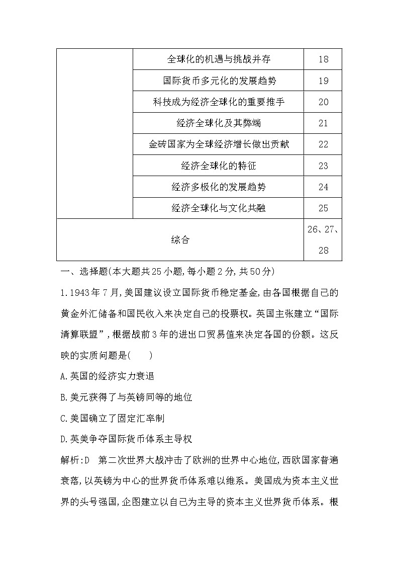 (山东专用)2020版高考历史一轮复习试题：第10单元 经济全球化的趋势 检测：试题(含解析)02