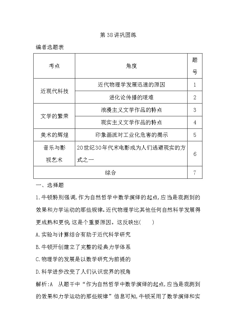 (山东专用)2020版高考历史一轮复习试题：第13单元 第38讲巩固练第1页