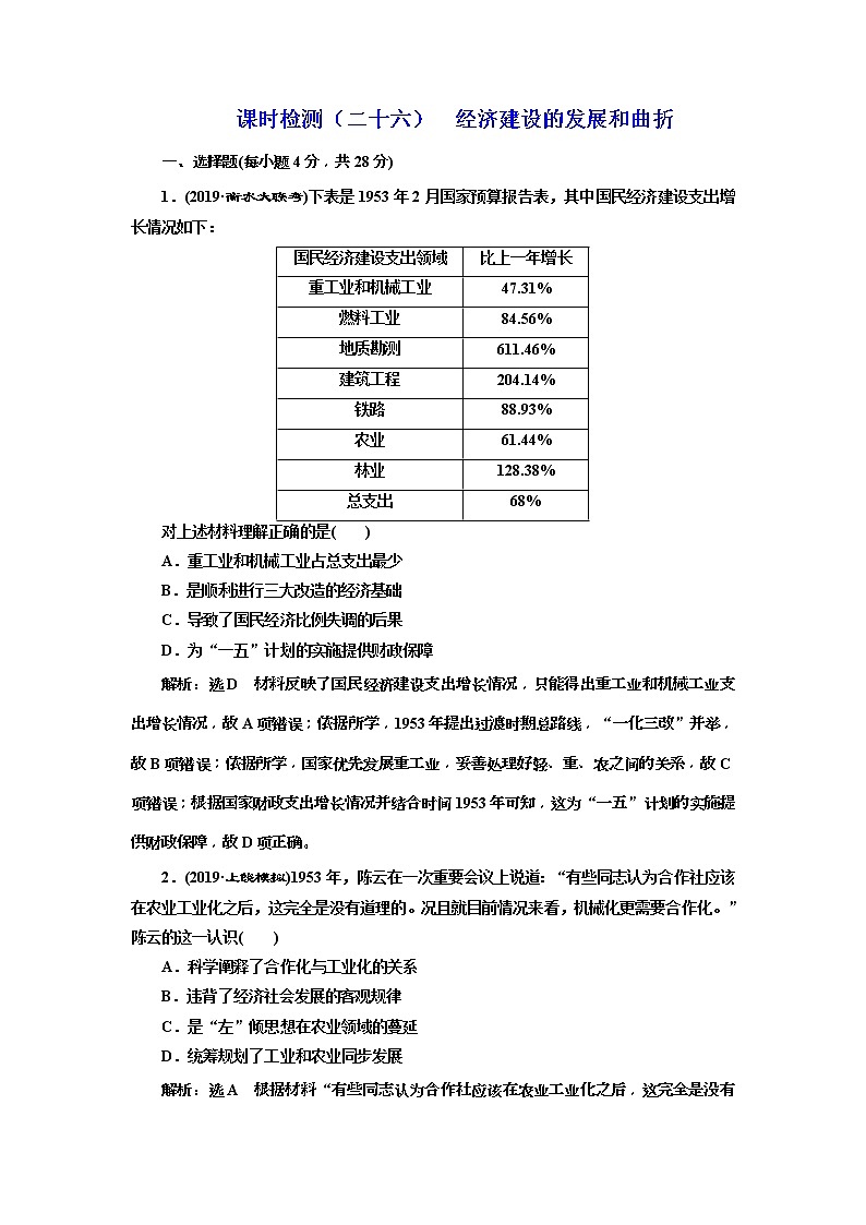 (人教版)2020版高考历史一轮复习课时检测：26《 经济建设的发展和曲折》(含解析)01