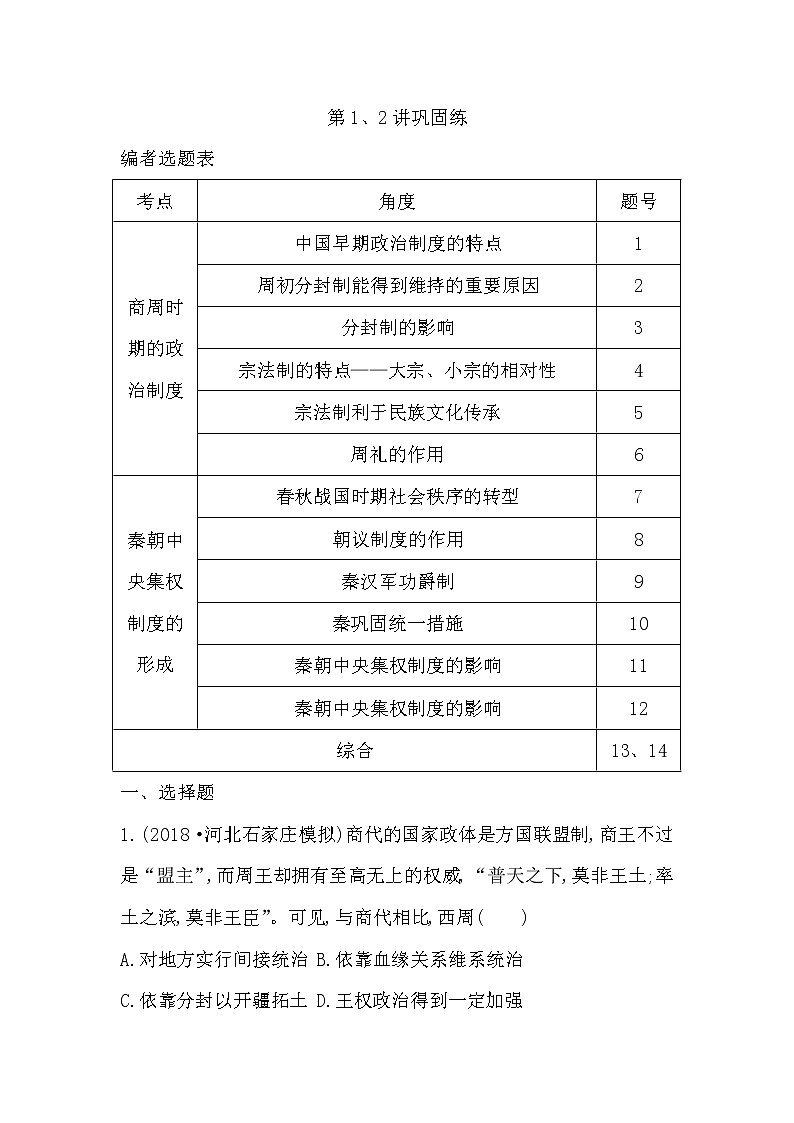2020版高考历史一轮通史复习试题：第1、2讲巩固练(含解析)第1页