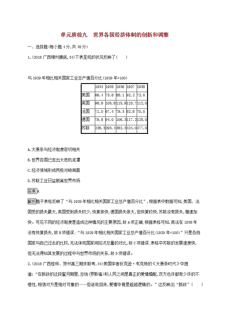 山东省2020版高考历史一轮复习单元质检09《世界各国经济体制的创新和调整》(含解析)01