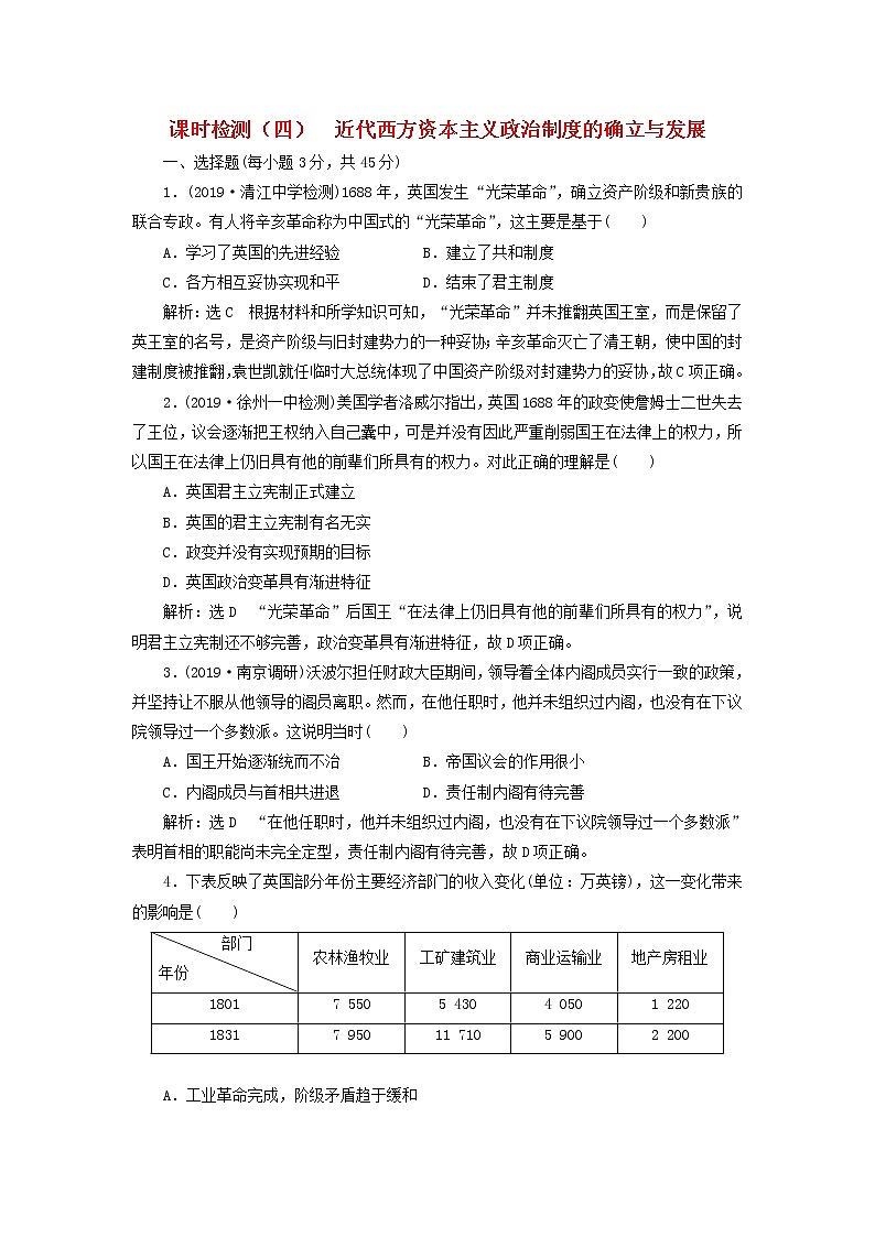 (江苏版)2020高考历史一轮复习课时检测《近代西方资本主义政治制度的确立与发展》含解析01