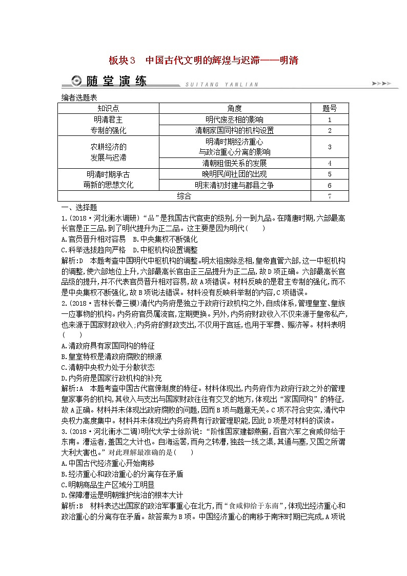 2019届高考历史二轮复习3中国古代文明的辉煌与迟滞明清 随堂演练(含解析)第1页