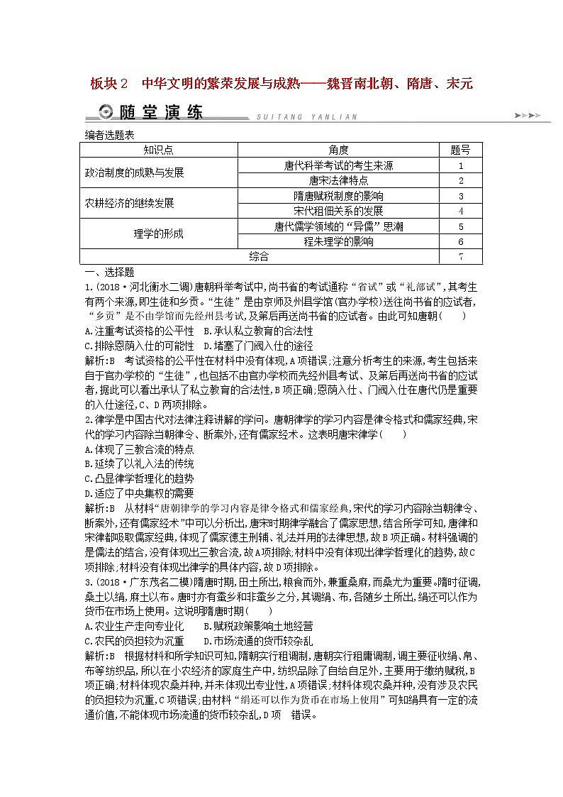 2019届高考历史二轮复习2中华文明的繁荣发展与成熟魏晋南北朝隋唐宋元 随堂演练(含解析)第1页