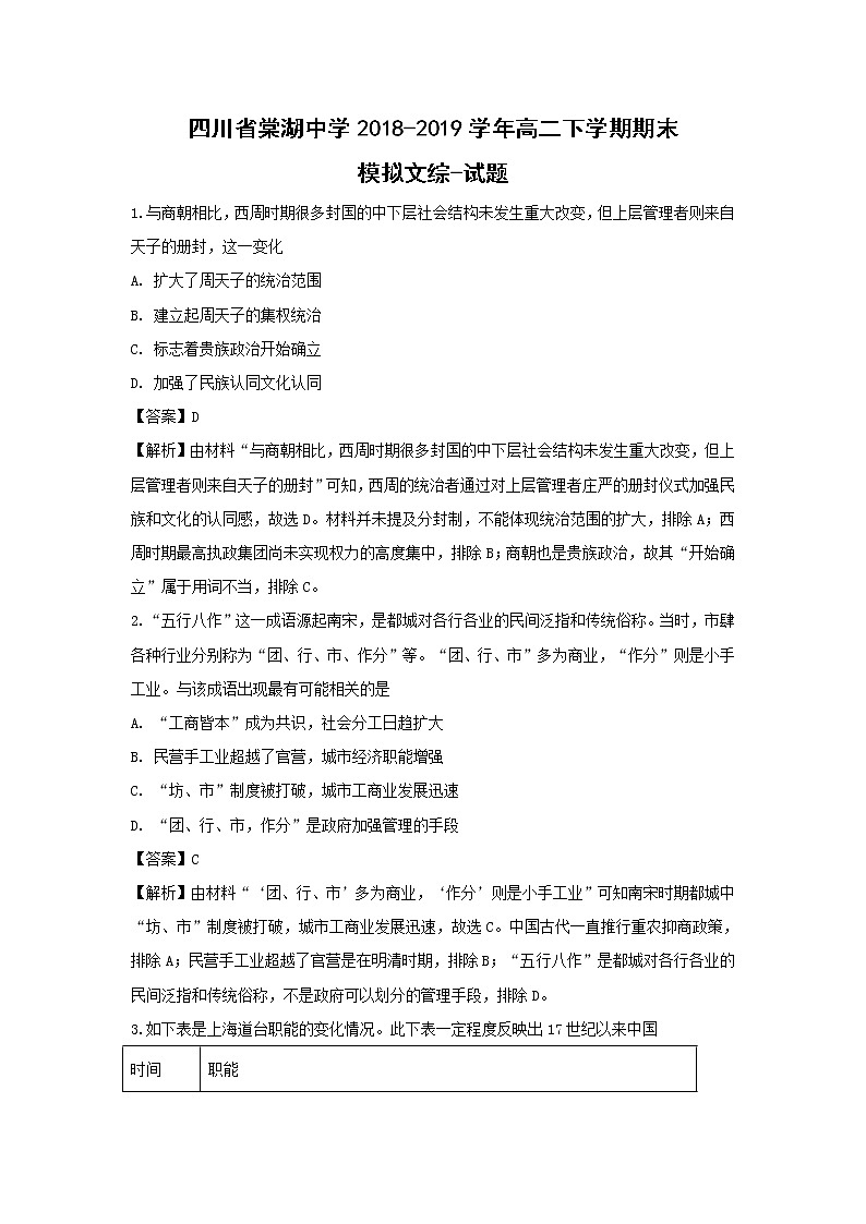 【历史】四川省棠湖中学2018-2019学年高二下学期期末模拟文综-试题（解析版）第1页