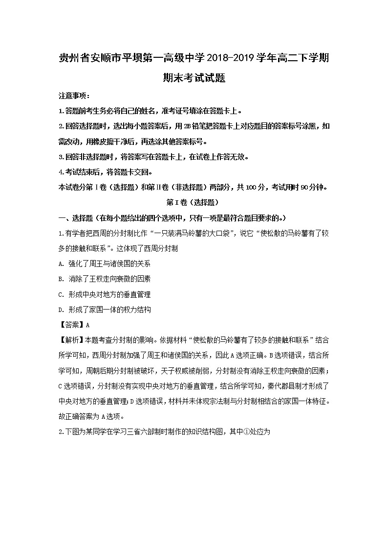 【历史】贵州省安顺市平坝第一高级中学2018-2019学年高二下学期期末考试试题（解析版）01