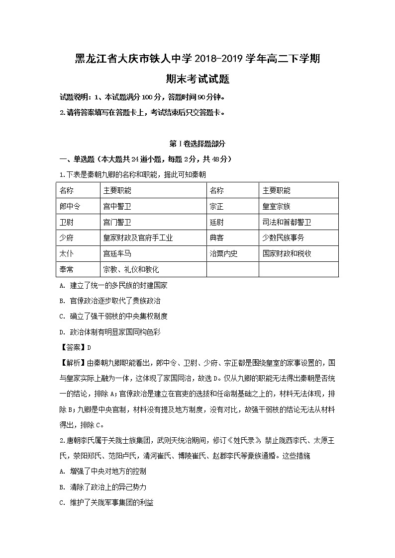 【历史】黑龙江省大庆市铁人中学2018-2019学年高二下学期期末考试试题（解析版）01
