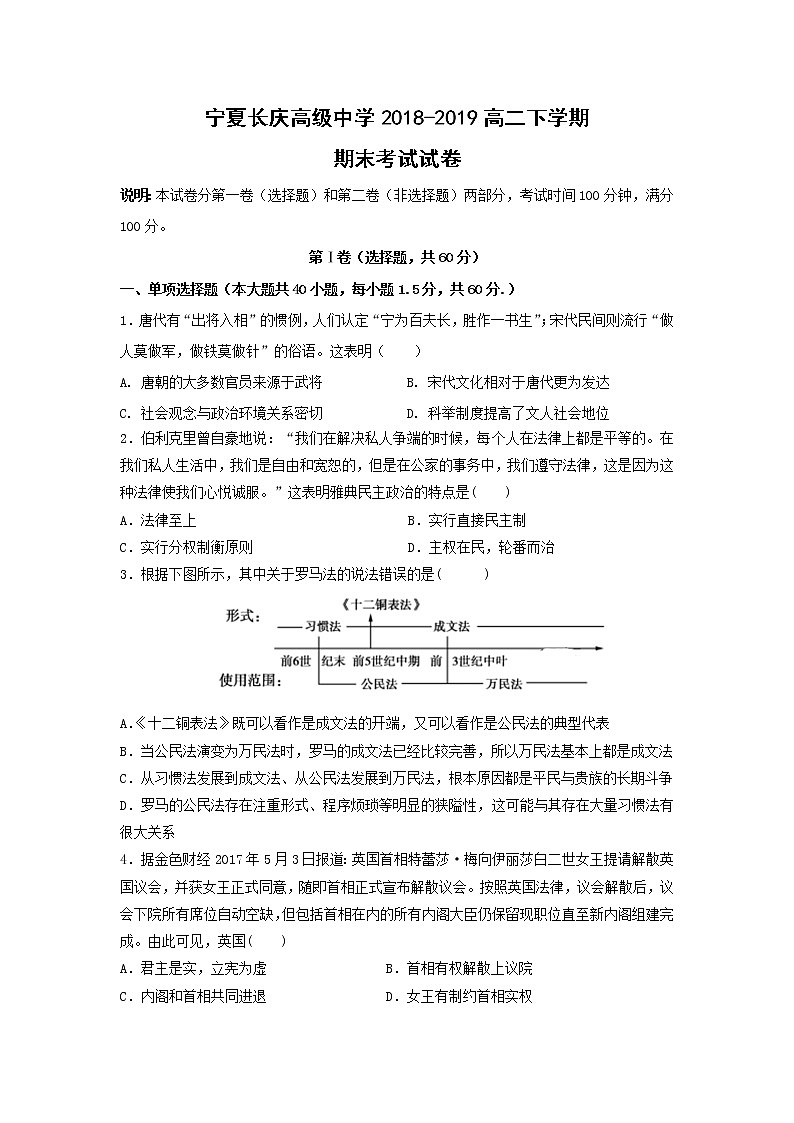 【历史】宁夏长庆高级中学2018-2019高二下学期期末考试试卷第1页