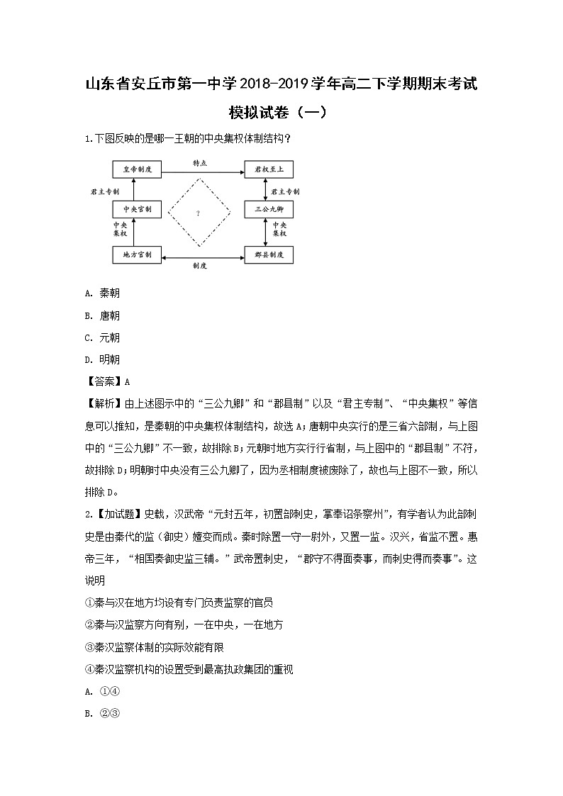 【历史】山东省安丘市第一中学2018-2019学年高二下学期期末考试模拟试卷（一）（解析版）第1页