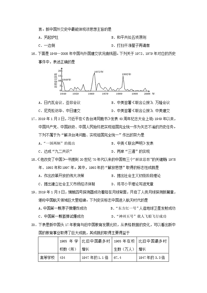【历史】江苏省南通第一中学2018-2019学年高二上学期期末教学质量调研（必修）试题03