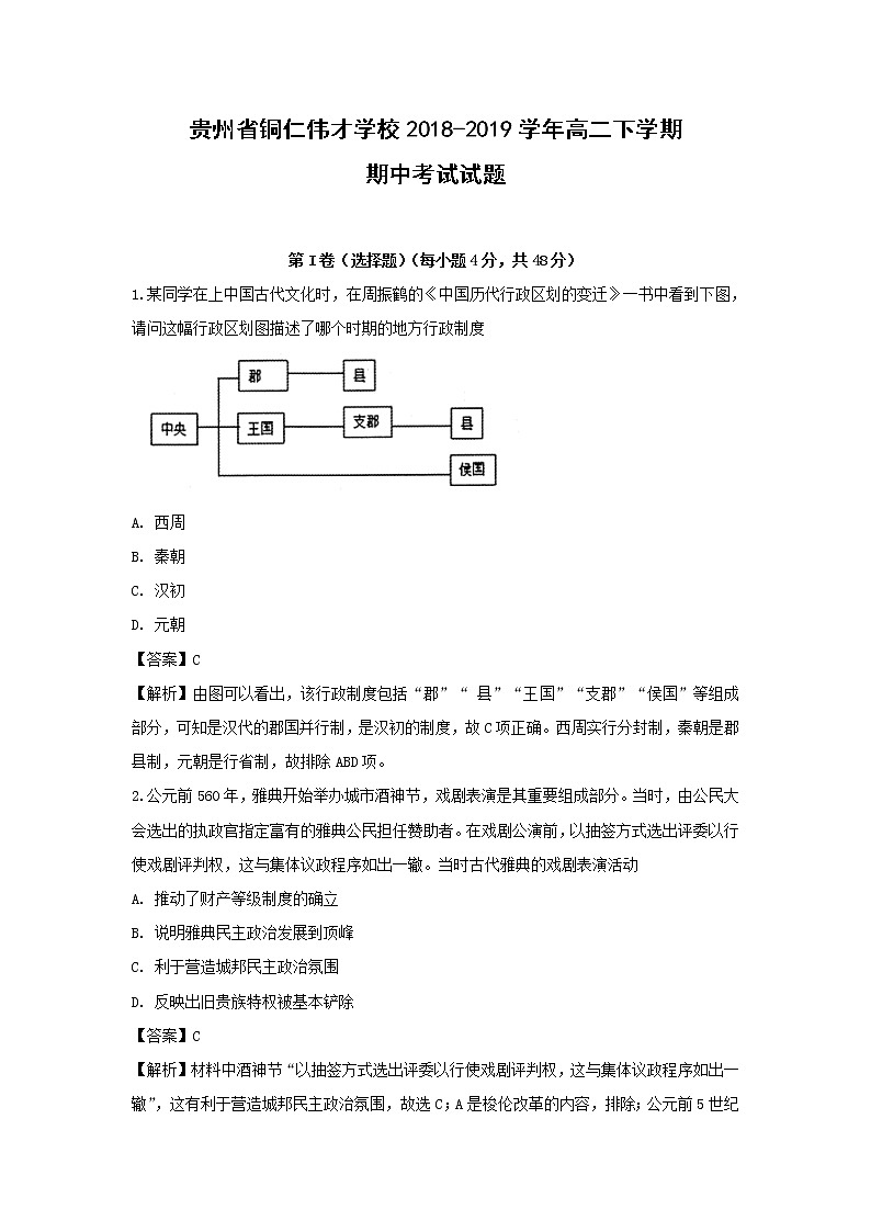 【历史】贵州省铜仁伟才学校2018-2019学年高二下学期期中考试试题 （解析版）01