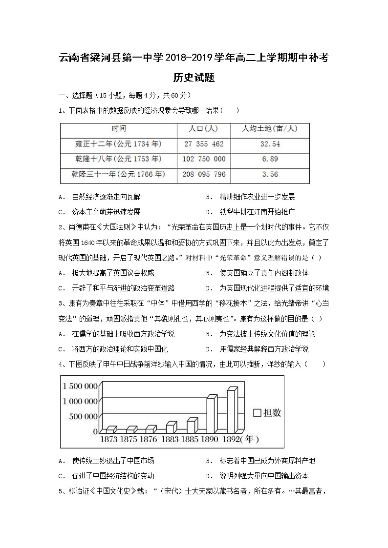 【历史】云南省梁河县第一中学2018-2019学年高二上学期期中补考历史试题（解析版）01