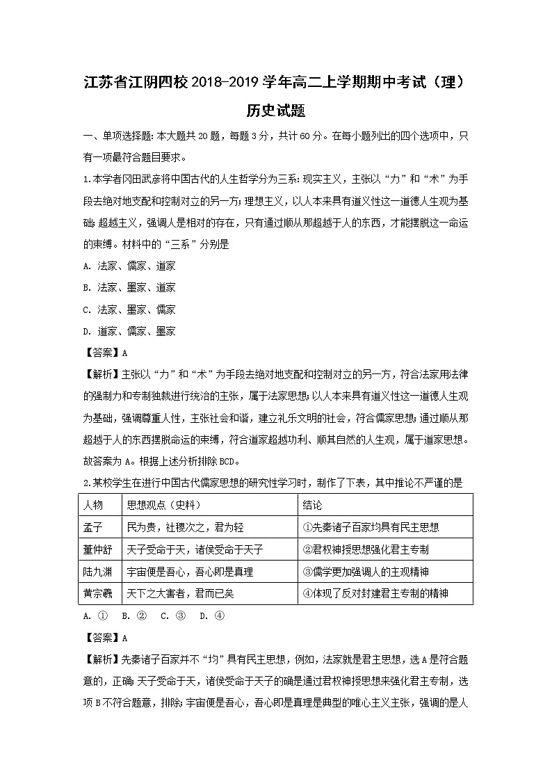 【历史】江苏省江阴四校2018-2019学年高二上学期期中考试（理）试题 （解析版）01