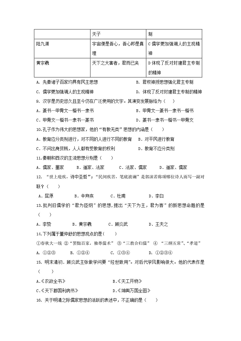【历史】湖南省浏阳四中2018-2019学年高二上学期期中考试（理）试卷02
