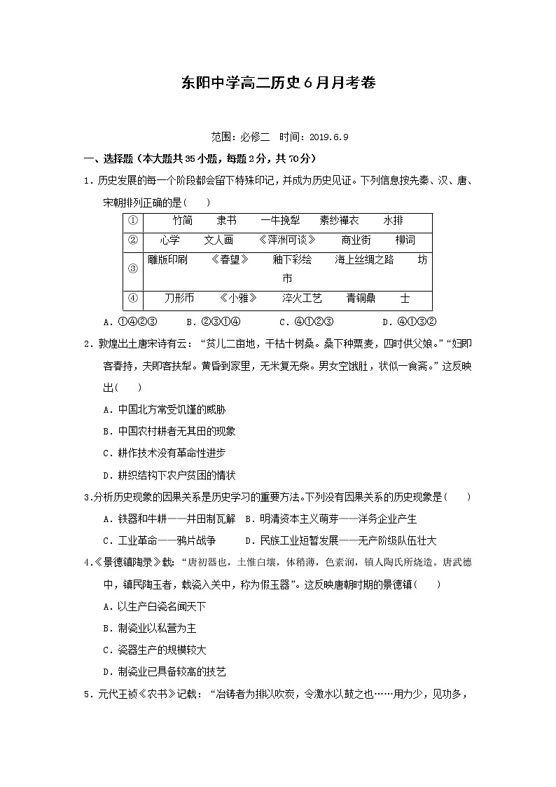 【历史】浙江省东阳中学2018-2019学年高二下学期6月月考卷01