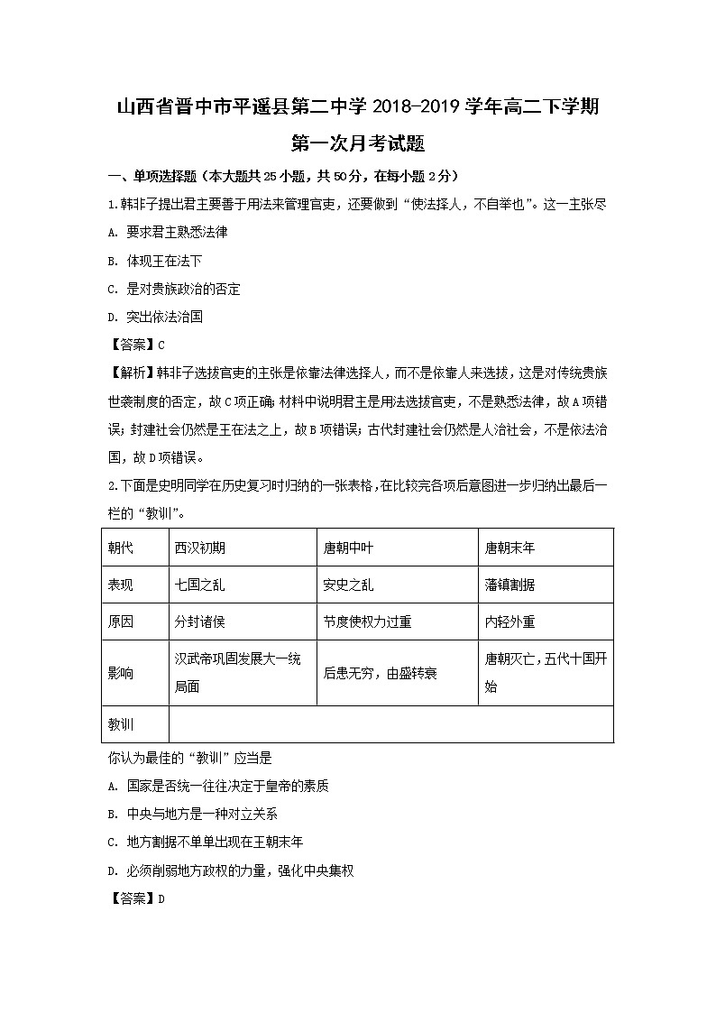 【历史】山西省晋中市平遥县第二中学2018-2019学年高二下学期第一次月考试题（解析版）第1页