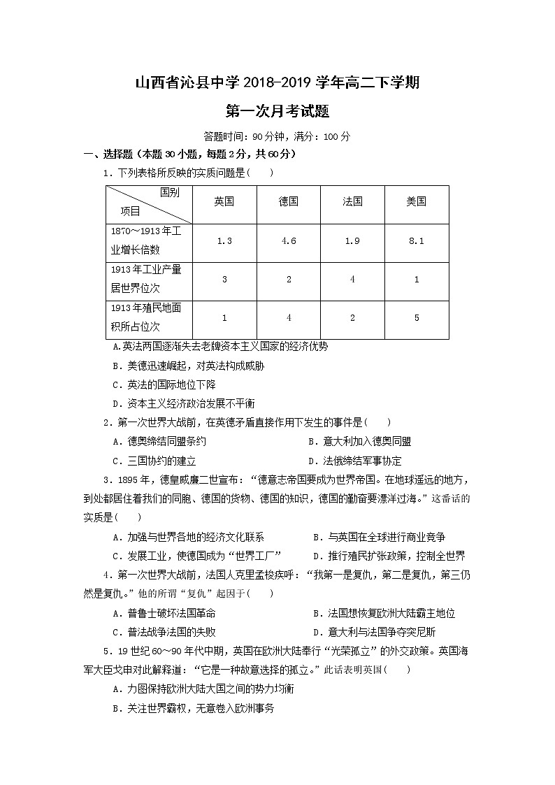 【历史】山西省沁县中学2018-2019学年高二下学期第一次月考试题第1页