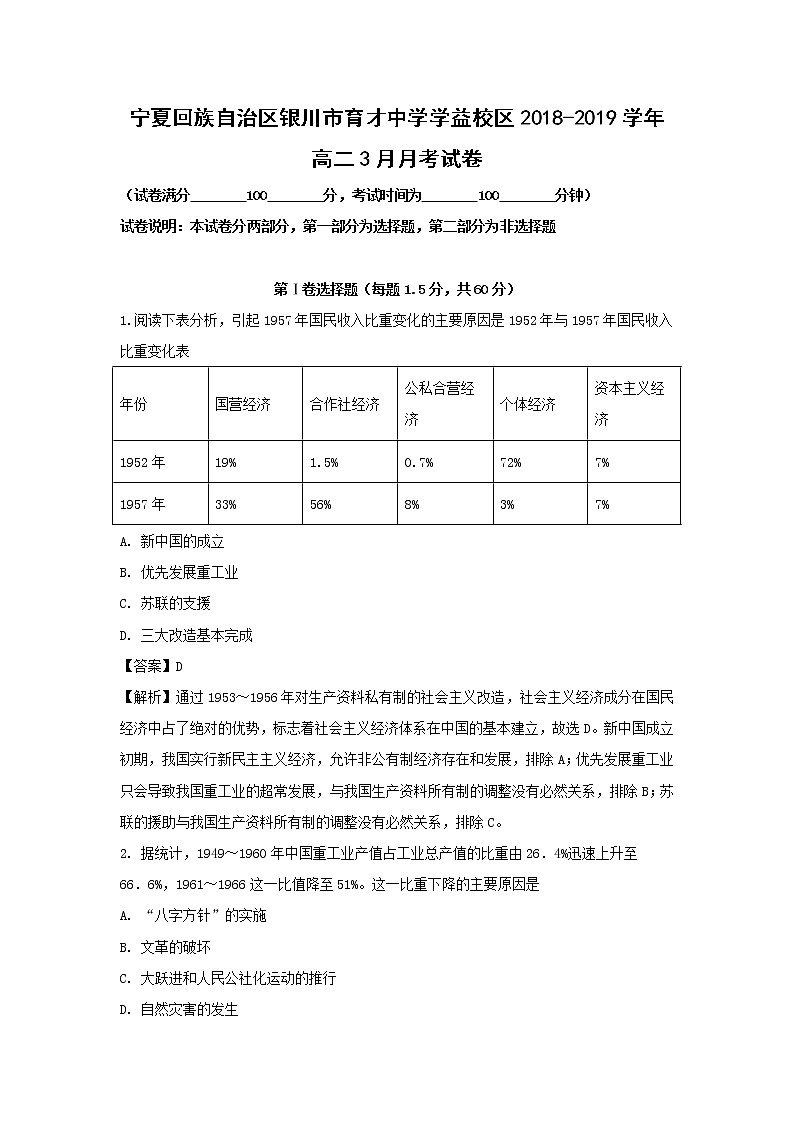 【历史】宁夏回族自治区银川市育才中学学益校区2018-2019学年高二3月月考试卷（解析版）01