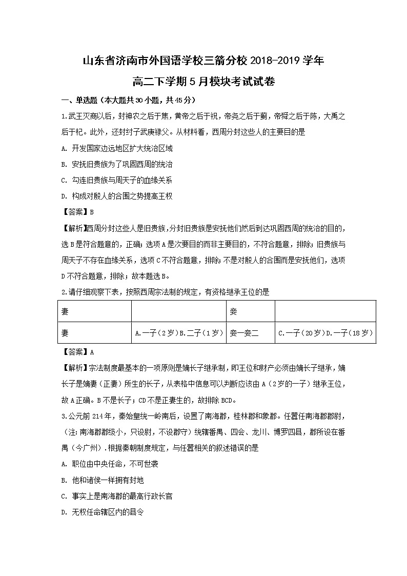 【历史】山东省济南市外国语学校三箭分校2018-2019学年高二下学期5月模块考试试卷（解析版）第1页