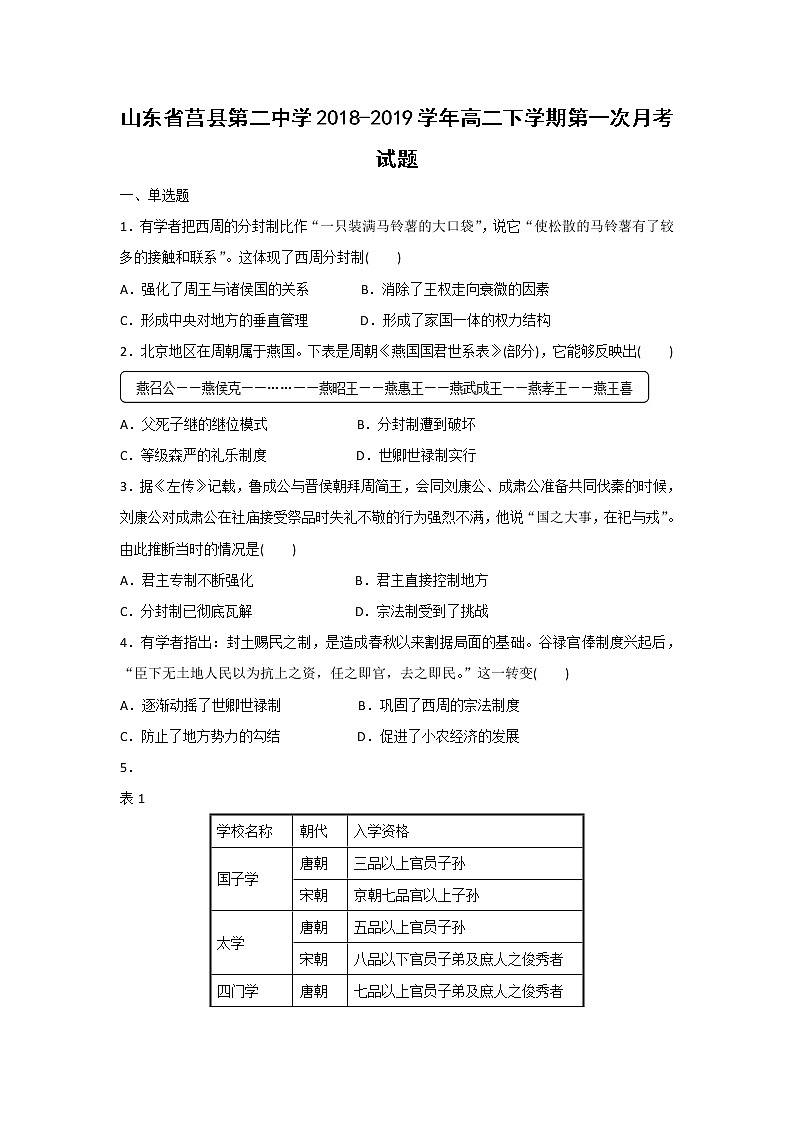 【历史】山东省莒县第二中学2018-2019学年高二下学期第一次月考试题01