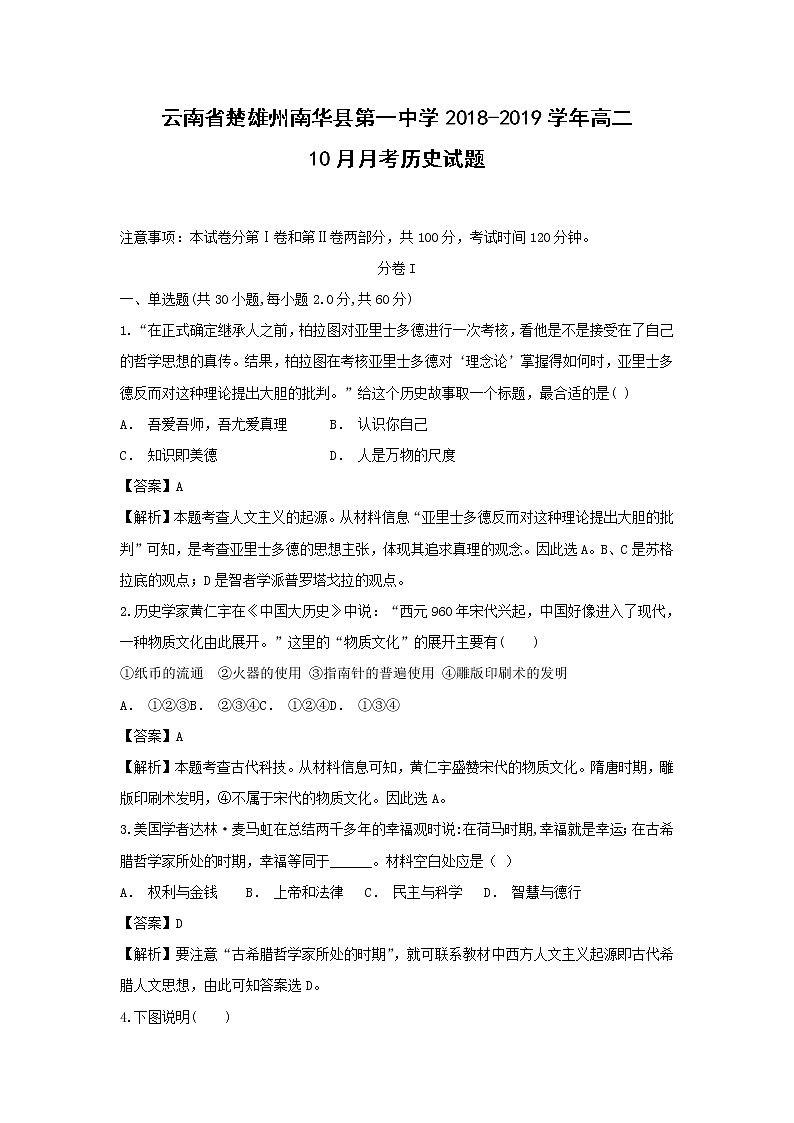 【历史】云南省楚雄州南华县第一中学2018-2019学年高二10月月考试题第1页