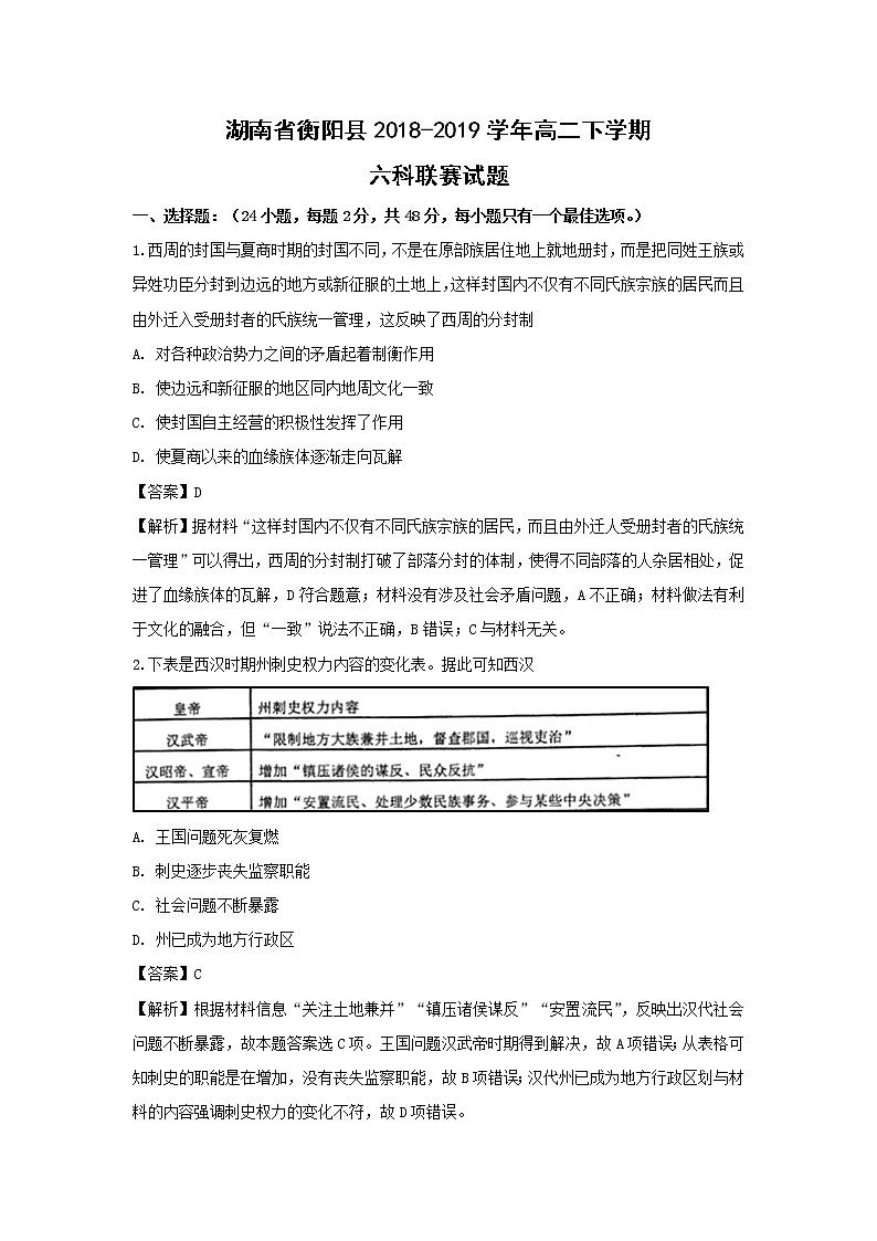 【历史】湖南省衡阳县2018-2019学年高二下学期六科联赛试题（解析版）01
