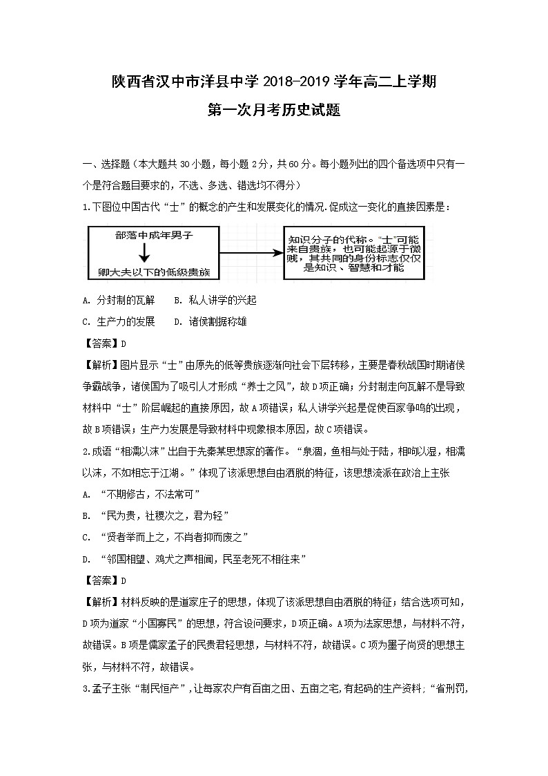 【历史】陕西省汉中市洋县中学2018-2019学年高二上学期第一次月考试题（解析版）01