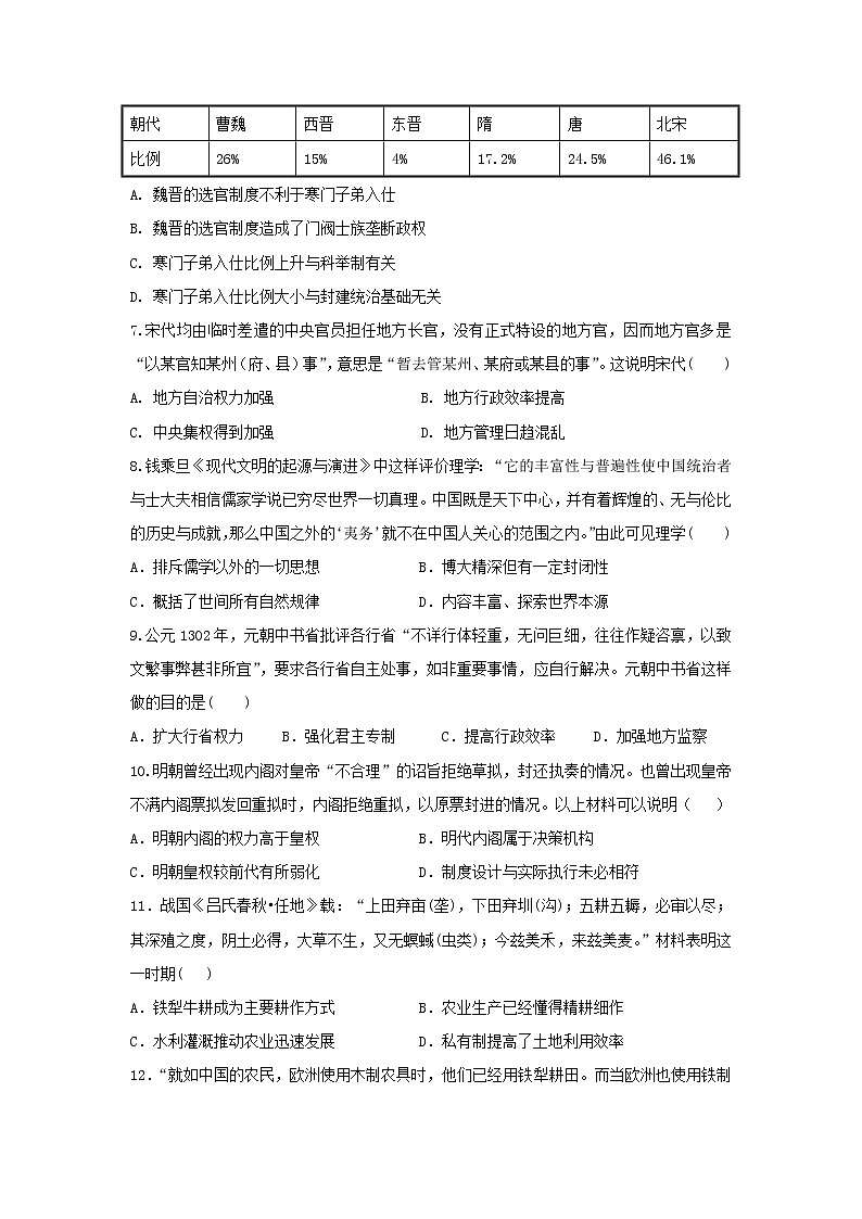 【历史】黑龙江省哈尔滨市第六中学2018-2019学年高二6月阶段性测试试题02